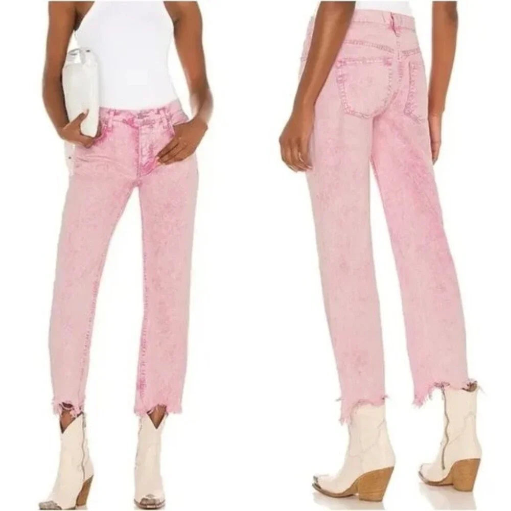Free People Maggie Jean Acid Wash Pink Button Fly Copped Destroyed Hem 26